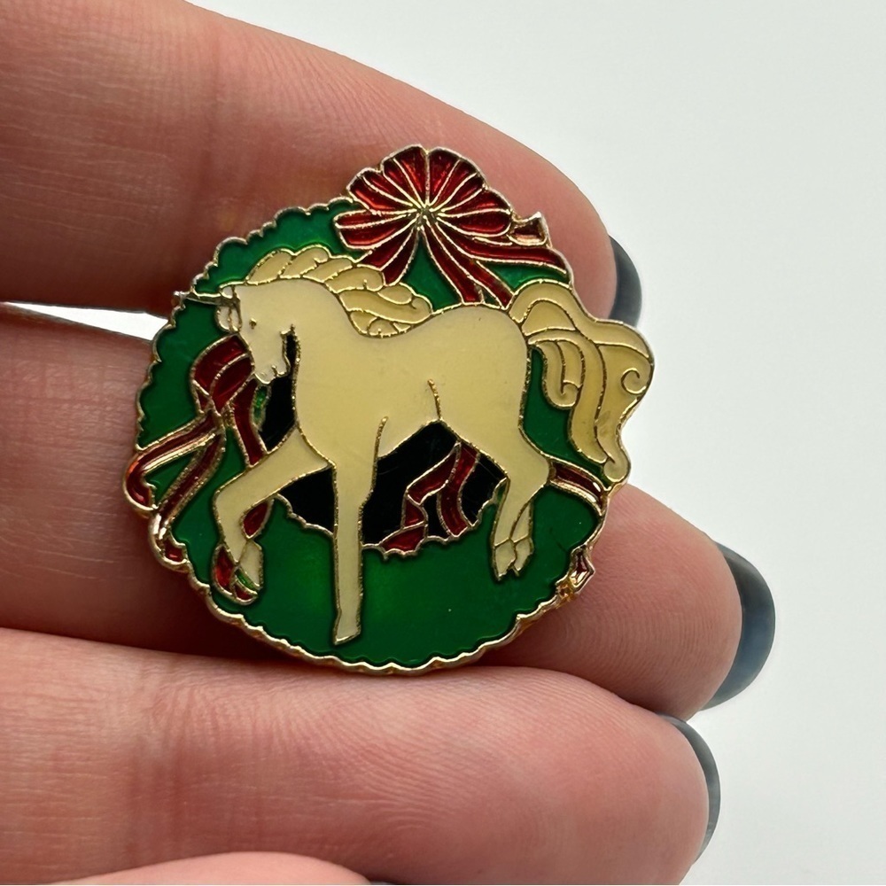 Vintage Small Novelty Red and Green Round Unicorn Pin Girl Power Red Ribbon - Picture 2 of 4